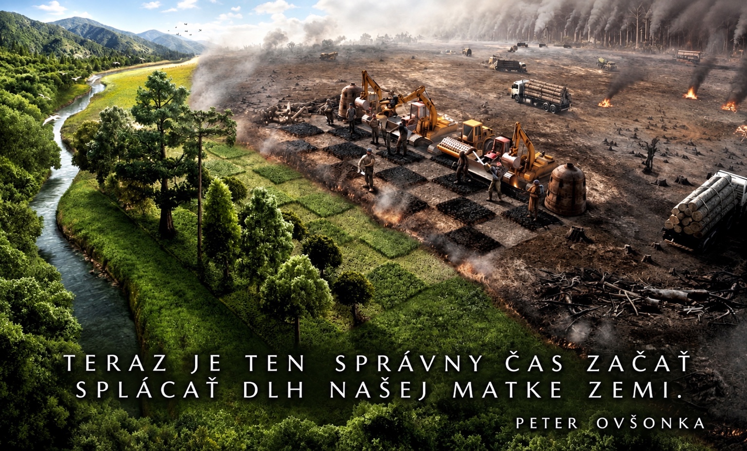 Ilustračná grafika Petra Ovšonku o ochrane prírody a zodpovednosti voči krajine